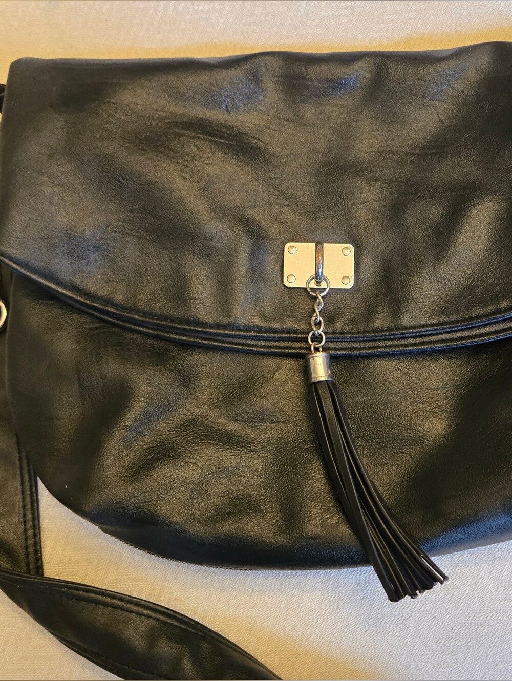 Black Vegan Leather Tassel Crossbody Bag - Unbranded
